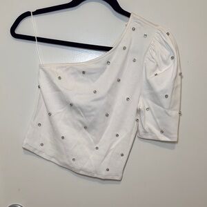 Express Multicolored Asymmetrical Embellished Crop Top